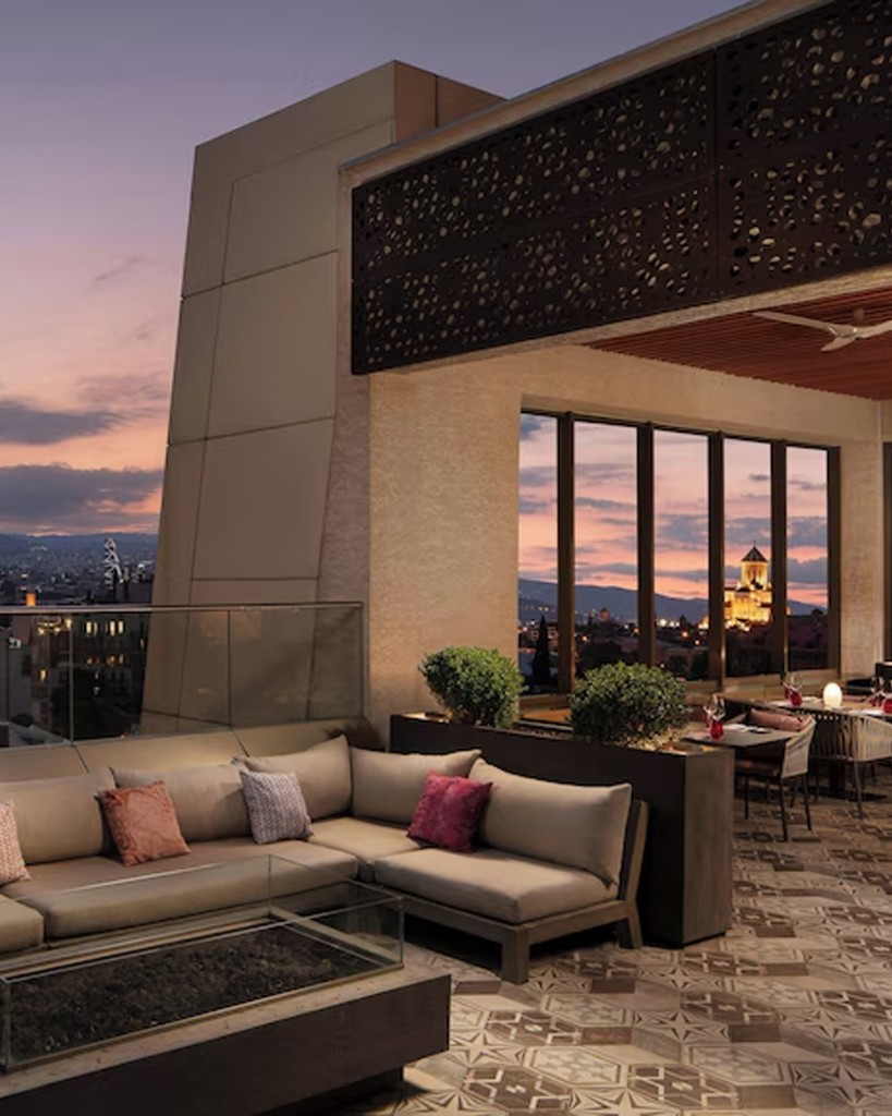 Boutique hotel terrace overlooking Tbilisi